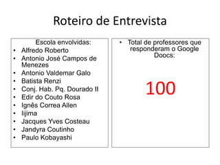 Roteiro de Entrevista
Escola envolvidas:
• Alfredo Roberto
• Antonio José Campos de
Menezes
• Antonio Valdemar Galo
• Batista Renzi
• Conj. Hab. Pq. Dourado II
• Edir do Couto Rosa
• Ignês Correa Allen
• Iijima
• Jacques Yves Costeau
• Jandyra Coutinho
• Paulo Kobayashi
• Total de professores que
responderam o Google
Doocs:
100
 