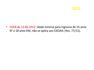 2012
• CGEB de 13.06.2012: idade mínima para ingresso de 15 anos
EF e 18 anos EM, não se aplica aos CEEJAS ( Res. 77/11).
 