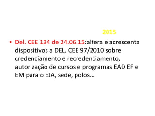 2015
• Del. CEE 134 de 24.06.15:altera e acrescenta
dispositivos a DEL. CEE 97/2010 sobre
credenciamento e recredenciamento,
autorização de cursos e programas EAD EF e
EM para o EJA, sede, polos...
 