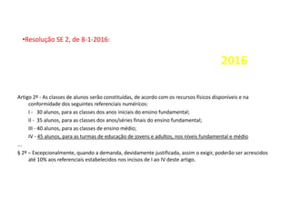 2016
Artigo 2º - As classes de alunos serão constituídas, de acordo com os recursos físicos disponíveis e na
conformidade dos seguintes referenciais numéricos:
I - 30 alunos, para as classes dos anos iniciais do ensino fundamental;
II - 35 alunos, para as classes dos anos/séries finais do ensino fundamental;
III - 40 alunos, para as classes de ensino médio;
IV - 45 alunos, para as turmas de educação de jovens e adultos, nos níveis fundamental e médio
...
§ 2º – Excepcionalmente, quando a demanda, devidamente justificada, assim o exigir, poderão ser acrescidos
até 10% aos referenciais estabelecidos nos incisos de I ao IV deste artigo.
•Resolução SE 2, de 8-1-2016:
 
