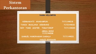 NAMA KELOMPOK
NIRMAWATI ANAKAMPUN 7171144018
TANIA MAULANA SIBARANI 7173144032
ROY TOMI SISTER TOGATOROP 7171144020
ABDUL RONI
7172144008
SAMUEL HAMONAGAN SAGALA 7171144021
HADJI SIAHAAN
7173344021
Sistem
Perkantoran
 