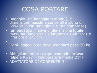 COSA PORTARE …
• Bagaglio: un bagaglio a mano ( le
dimensioni massime consentite sono di
56x45x25 cm maniglie e ruote comprese)
• un bagaglio in stiva di dimensione totale
massima (lunghezza + larghezza + altezza) =
inferiore a 275 cm
•
Ogni bagaglio da stiva standard pesa 20 kg
• Abbigliamento e scarpe comode incluso
felpe e Kway ( temperatura media 21°)
• ADATTATORE DI CORRENTE !!!
 