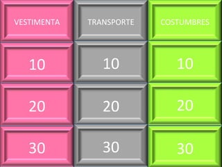 VESTIMENTA TRANSPORTE COSTUMBRES
10
20
30
10
20
30
10
20
30
 