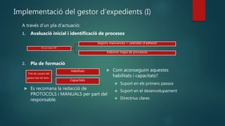 Implementació del gestor d’expedients (I)
A través d’un pla d’actuació:
1. Avaluació inicial i identificació de procesos
2. Pla de formació
On es troba l’AP
Segons mancances = calendari d’adhesió
Elaborar mapa de processos
Tots els usuaris del
gestor han de tenir...
Habilitats
Capacitats
 Com aconseguim aquestes
habilitats i capacitats?
 Suport en els primers passos
 Suport en el desenvolupament
 Directrius clares
 Es recomana la redacció de
PROTOCOLS i MANUALS per part del
responsable.
 