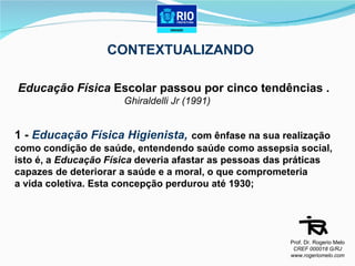 CONTEXTUALIZANDO Educação Física  Escolar passou por cinco tendências . Ghiraldelli Jr (1991) 1 -  Educação Física Higienista,   com ênfase na sua realização  como condição de saúde, entendendo saúde como assepsia social,  isto é, a  Educação Física  deveria afastar as pessoas das práticas  capazes de deteriorar a saúde e a moral, o que comprometeria  a vida coletiva. Esta concepção perdurou até 1930; Prof. Dr. Rogerio Melo CREF 000018 G/RJ www.rogeriomelo.com 