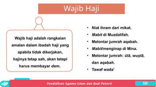 Wajib Haji
Wajib haji adalah rangkaian
amalan dalam ibadah haji yang
apabila tidak dikerjakan,
hajinya tetap sah, akan tetapi
harus membayar dam.
• Niat ihram dari mikat.
• Mabit di Muzdalifah.
• Melontar jumrah aqabah.
• Mabit/menginap di Mina.
• Melontar jumrah: ūlā, wuṣtā,
dan aqabah.
• Tawaf wada’
 