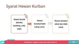 Syarat Hewan Kurban
Hewan ternak
(domba,
kambing, unta,
sapi).
Hewan
tersebut telah
cukup umur.
Hewan tersebut
sehat dan tidak
cacat.
 