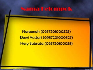 Nama Kelompok


 Norbenah (0957201000525)
Dewi Yustari (0957201000527)
Hery Subrata (095720100058)
 