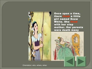 Once upon a time,
there lived a little
girl named Snow
White. She lived
with her step
mother. Her parents
were death many
years ago.
Orientation: who, where, when
 