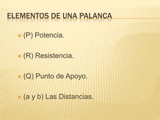 ELEMENTOS DE UNA PALANCA(P) Potencia.(R) Resistencia.(Q) Punto de Apoyo.(a y b) Las Distancias.