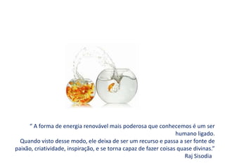 “ A forma de energia renovável mais poderosa que conhecemos é um ser
humano ligado.
Quando visto desse modo, ele deixa de ser um recurso e passa a ser fonte de
paixão, criatividade, inspiração, e se torna capaz de fazer coisas quase divinas.”
Raj Sisodia
 