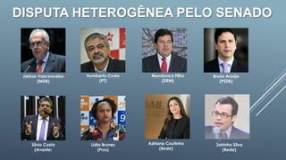 DISPUTA HETEROGÊNEA PELO SENADO
Jarbas Vasconcelos
(MDB)
Humberto Costa
(PT)
Mendonça Filho
(DEM)
Bruno Araújo
(PSDB)
Sílvio Costa
(Avante)
Lídia Brunes
(Pros)
Adriana Coutinho
(Rede)
Jairinho Silva
(Rede)
 