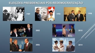 ELEIÇÕES PRESIDENCIAIS PÓS-REDEMOCRATIZAÇÃO
1989 1994
2002
2006
2010
2014
1998
 
