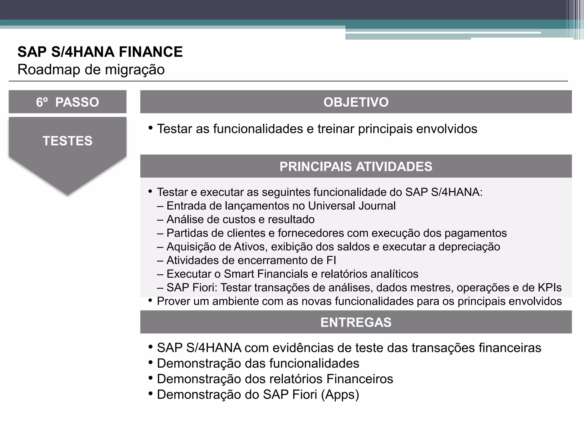TESTES
OBJETIVO
ENTREGAS
• SAP S/4HANA com evidências de teste das transações financeiras
• Demonstração das funcionalidades
• Demonstração dos relatórios Financeiros
• Demonstração do SAP Fiori (Apps)
PRINCIPAIS ATIVIDADES
6º PASSO
• Testar e executar as seguintes funcionalidade do SAP S/4HANA:
– Entrada de lançamentos no Universal Journal
– Análise de custos e resultado
– Partidas de clientes e fornecedores com execução dos pagamentos
– Aquisição de Ativos, exibição dos saldos e executar a depreciação
– Atividades de encerramento de FI
– Executar o Smart Financials e relatórios analíticos
– SAP Fiori: Testar transações de análises, dados mestres, operações e de KPIs
• Prover um ambiente com as novas funcionalidades para os principais envolvidos
SAP S/4HANA FINANCE
Roadmap de migração
• Testar as funcionalidades e treinar principais envolvidos
 