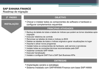 • Checar e instalar todos os componentes de software e hardware e
configurar complementos requeridosINSTALAÇÃO
OBJETIVO
ENTREGAS
• Implantação cenário e estratégia
• Sistema instalado com SAP/4HANA Finance com base SAP HANA
PRINCIPAIS ATIVIDADES
2º PASSO
• Backup da tabela de totais e tabela de índices que podem se tornar obsoletas após
migração
• Executar relatórios de controle
• Renomear as tabelas de totais e índices no BCK
• Deletar as tabelas de totais e índices originais e gerar visualizações no lugar
• Importar e ativar novos programas
• Instalar todos os componentes de hardware, web service e servidores
• Instalar todas as correções técnicas recomendadas pela SAP
• Implantar conteúdo SAP HANA
• Executar hanatização
• Instalar e configurar SAP Fiori e SAP Sart Business KPIs
SAP S/4HANA FINANCE
Roadmap de migração
 