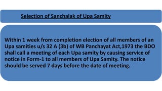 Selection of Sanchalak of Upa Samity
Within 1 week from completion election of all members of an
Upa samities u/s 32 A (3b) of WB Panchayat Act,1973 the BDO
shall call a meeting of each Upa samity by causing service of
notice in Form-1 to all members of Upa Samity. The notice
should be served 7 days before the date of meeting.
 