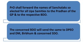 PrO shall forward the names of Sanchalaks so
elected for all Upa Samities to the Pradhan of the
GP & to the respective BDO.
The concerned BDO will send the same to DPEO
and DM, Birbhum & concerned SDO.
 