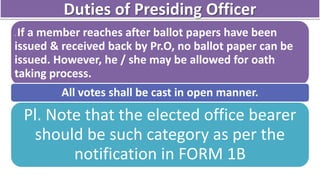 Duties of Presiding Officer
7. If a member reaches after ballot papers have been
issued & received back by Pr.O, no ballot paper can be
issued. However, he / she may be allowed for oath
taking process.
All votes shall be cast in open manner.
Pl. Note that the elected office bearer
should be such category as per the
notification in FORM 1B
 
