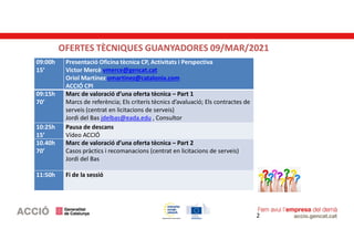 OFERTES TÈCNIQUES GUANYADORES 09/MAR/2021
2
09:00h
15’
Presentació Oficina tècnica CP, Activitats i Perspectiva
Victor Mer...