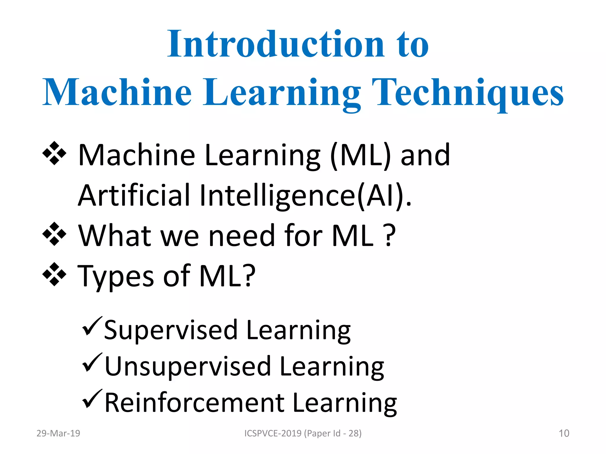 10
Introduction to
Machine Learning Techniques
 Machine Learning (ML) and
Artificial Intelligence(AI).
 What we need for ML ?
 Types of ML?
Supervised Learning
Unsupervised Learning
Reinforcement Learning
29-Mar-19 ICSPVCE-2019 (Paper Id - 28)
 