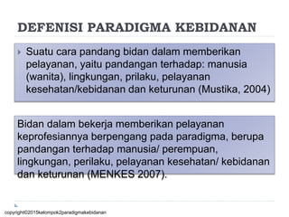 DEFENISI PARADIGMA KEBIDANAN
 Suatu cara pandang bidan dalam memberikan
pelayanan, yaitu pandangan terhadap: manusia
(wanita), lingkungan, prilaku, pelayanan
kesehatan/kebidanan dan keturunan (Mustika, 2004)
copyright©2015kelompok2paradigmakebidanan
Bidan dalam bekerja memberikan pelayanan
keprofesiannya berpengang pada paradigma, berupa
pandangan terhadap manusia/ perempuan,
lingkungan, perilaku, pelayanan kesehatan/ kebidanan
dan keturunan (MENKES 2007).
 