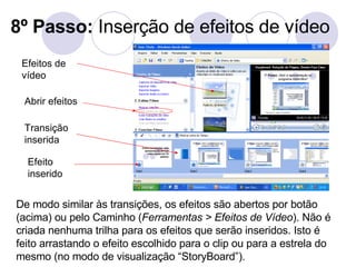8º Passo:  Inserção de efeitos de vídeo De modo similar às transições, os efeitos são abertos por botão (acima) ou pelo Caminho ( Ferramentas > Efeitos de Vídeo ). Não é criada nenhuma trilha para os efeitos que serão inseridos. Isto é feito arrastando o efeito escolhido para o clip ou para a estrela do mesmo (no modo de visualização “StoryBoard”). Efeitos de vídeo Abrir efeitos Transição inserida Efeito inserido 