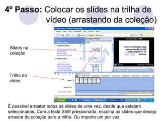 4º Passo:  Colocar os slides na trilha de vídeo (arrastando da coleção) É possível arrastar todos os slides de uma vez, desde que estejam selecionados. Com a tecla Shift pressionada, escolha os slides que deseja arrastar da coleção para a trilha. Ou importe um por vez. Slides na coleção Trilha do vídeo 