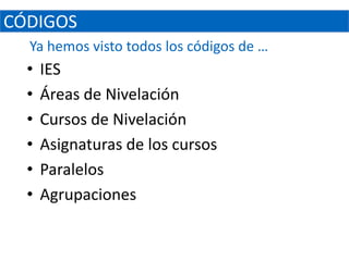 CÓDIGOS
  Ya hemos visto todos los códigos de …
  •   IES
  •   Áreas de Nivelación
  •   Cursos de Nivelación
  •   Asignaturas de los cursos
  •   Paralelos
  •   Agrupaciones
 