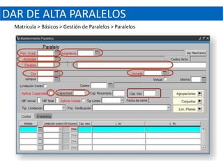 DAR DE ALTA PARALELOS
  Matrícula > Básicos > Gestión de Paralelos > Paralelos
 