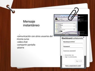 -
Mensaje
instantáneo
-comunicación con otros usuarios del
mismo curso
-video chat
-compartir pantalla
-pizarra
 