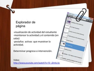 Explorador de
página
-visualización de actividad del estudiante
-monitorear la actividad y el contenido (en
salas)
-pestañas activas que muestran la
actividad.
Determinar progreso o intervención.
Video:
http://www.youtube.com/watch?v=72_jZmILc1c
 
