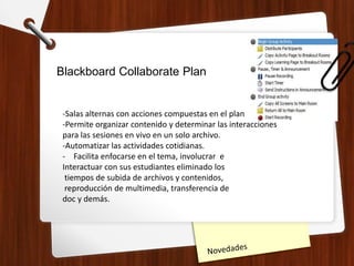 Blackboard Collaborate Plan
-Salas alternas con acciones compuestas en el plan
-Permite organizar contenido y determinar las interacciones
para las sesiones en vivo en un solo archivo.
-Automatizar las actividades cotidianas.
- Facilita enfocarse en el tema, involucrar e
Interactuar con sus estudiantes eliminado los
tiempos de subida de archivos y contenidos,
reproducción de multimedia, transferencia de
doc y demás.
 