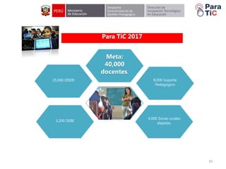 EDUTABLET
-Beneficios del Proyecto-
Text
4,000 Zonas rurales
alejadas.
Meta:
40,000
docentes.
3,200 DEBE
10
Para TiC 2017
25,000 DISER 8,000 Soporte
Pedagógico
 