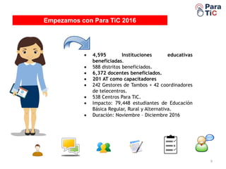 9
Empezamos con Para TiC 2016
 4,595 Instituciones educativas
beneficiadas.
 588 distritos beneficiados.
 6,372 docentes beneficiados.
 201 AT como capacitadores
 242 Gestores de Tambos + 42 coordinadores
de telecentros.
 538 Centros Para TiC.
 Impacto: 79,448 estudiantes de Educación
Básica Regular, Rural y Alternativa.
 Duración: Noviembre – Diciembre 2016
 