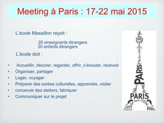 Meeting à Paris : 17-22 mai 2015
L’école Massillon reçoit :
20 enseignants étrangers
20 enfants étrangers
L’école doit :
• Accueillir, décorer, regarder, offrir, s’écouter, recevoir
• Organiser, partager
• Loger, voyager
• Préparer des sorties culturelles, apprendre, visiter
• concevoir des ateliers, fabriquer
• Communiquer sur le projet
 