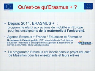 Qu’est-ce qu’Erasmus + ?
• Depuis 2014, ERASMUS + :
programme élargi aux actions de mobilité en Europe
pour les enseignants de la maternelle à l’université.
• Agence Erasmus + France / Education et Formation
Groupement d'intérêt public (GIP) sous tutelle de 2 ministères :
Education nationale & Enseignement Supérieur & Recherche et
Travail, de l'Emploi, et du Dialogue social
• Le programme Erasmus est inscrit dans le projet éducatif
de Massillon pour les enseignants et leurs élèves
 