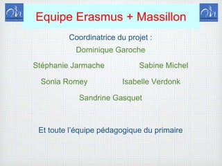 Equipe Erasmus + Massillon
Coordinatrice du projet :
Dominique Garoche
Stéphanie Jarmache Sabine Michel
Sonia Romey Isabelle Verdonk
Sandrine Gasquet
Et toute l’équipe pédagogique du primaire
 