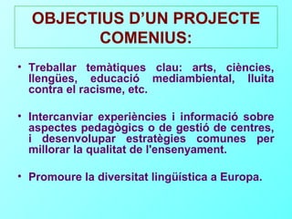 OBJECTIUS D’UN PROJECTE
         COMENIUS:
• Treballar temàtiques clau: arts, ciències,
  llengües, educació mediambiental, lluita
  contra el racisme, etc.

• Intercanviar experiències i informació sobre
  aspectes pedagògics o de gestió de centres,
  i desenvolupar estratègies comunes per
  millorar la qualitat de l'ensenyament.

• Promoure la diversitat lingüística a Europa.
 
