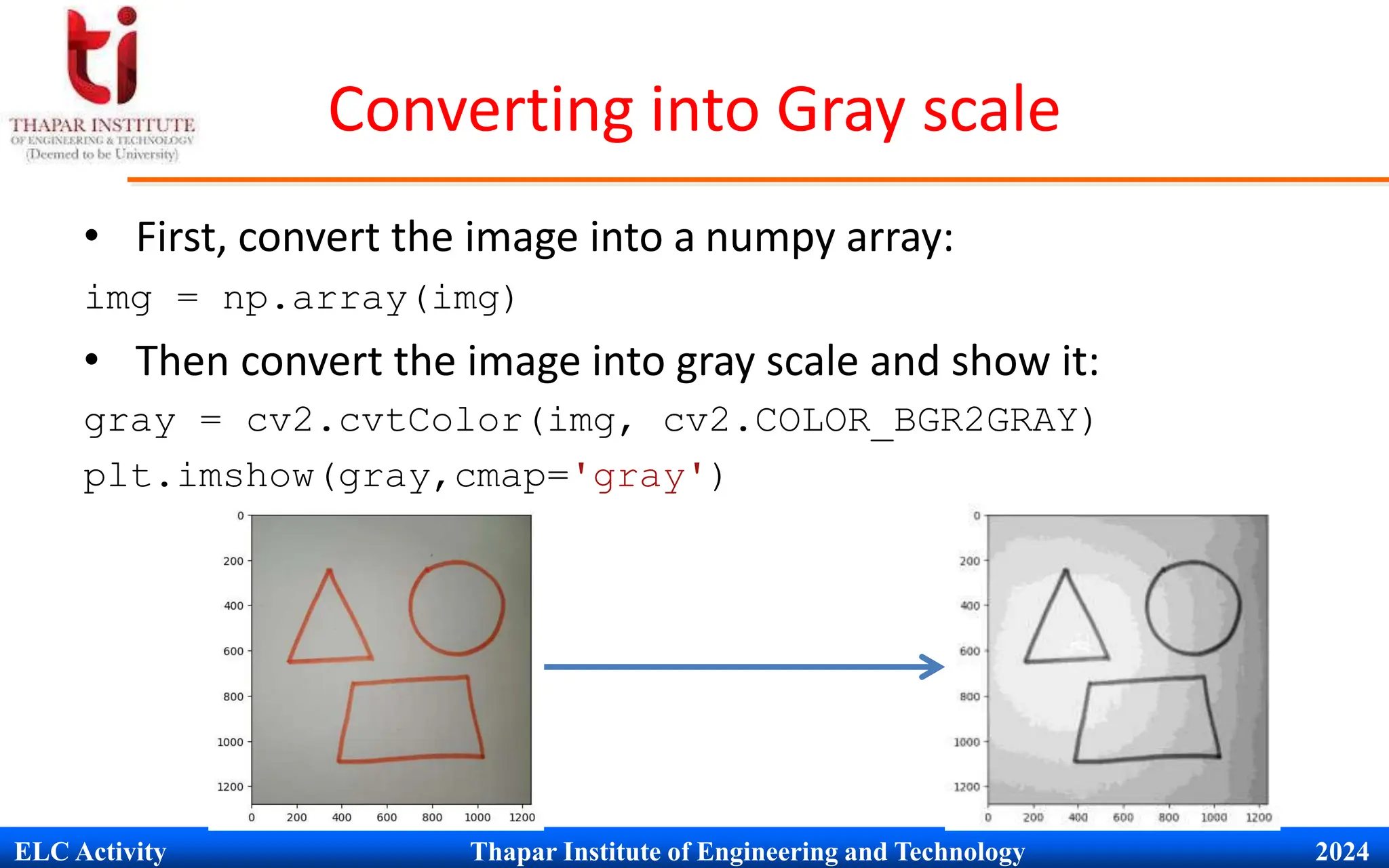 ELC Activity Thapar Institute of Engineering and Technology 2024
Converting into Gray scale
&bull; First, convert the image into a numpy array:
img = np.array(img)
&bull; Then convert the image into gray scale and show it:
gray = cv2.cvtColor(img, cv2.COLOR_BGR2GRAY)
plt.imshow(gray,cmap='gray')
 