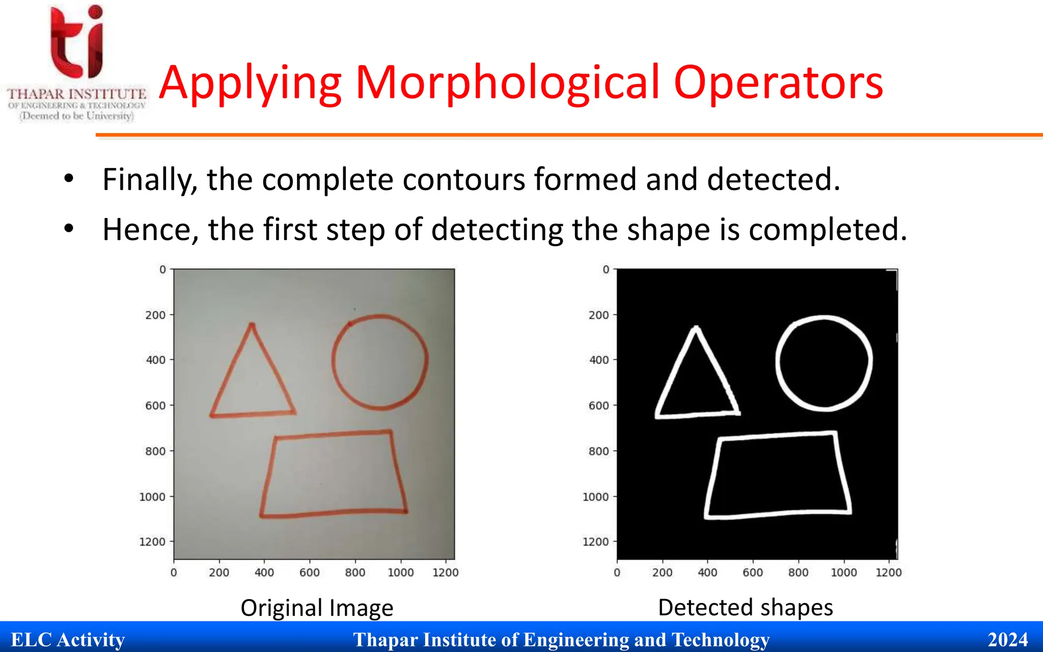 ELC Activity Thapar Institute of Engineering and Technology 2024
Applying Morphological Operators
&bull; Finally, the complete contours formed and detected.
&bull; Hence, the first step of detecting the shape is completed.
Original Image Detected shapes
 