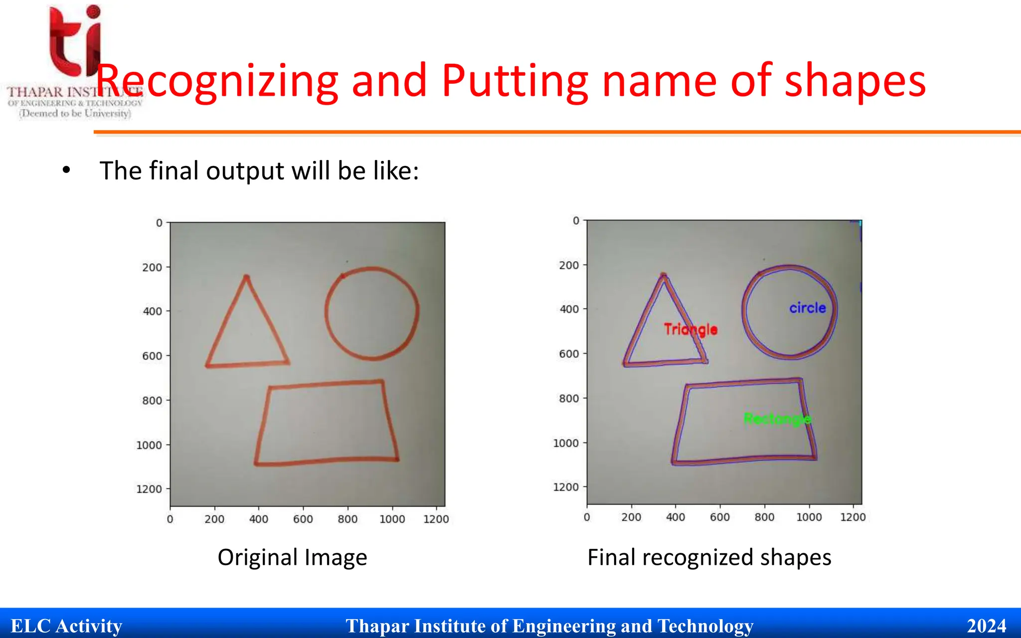 ELC Activity Thapar Institute of Engineering and Technology 2024
Recognizing and Putting name of shapes
&bull; The final output will be like:
Original Image Final recognized shapes
 