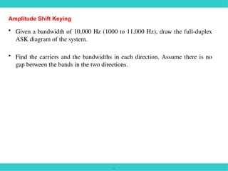 .
Amplitude Shift Keying
• Given a bandwidth of 10,000 Hz (1000 to 11,000 Hz), draw the full-duplex
ASK diagram of the system.
• Find the carriers and the bandwidths in each direction. Assume there is no
gap between the bands in the two directions.
 