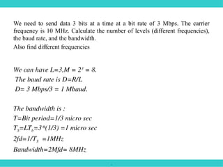 .
We need to send data 3 bits at a time at a bit rate of 3 Mbps. The carrier
frequency is 10 MHz. Calculate the number of levels (different frequencies),
the baud rate, and the bandwidth.
Also find different frequencies
We can have L=3,M = 23
= 8.
The baud rate is D=R/L
D= 3 Mbps/3 = 1 Mbaud.
The bandwidth is :
T=Bit period=1/3 micro sec
TS=LTb=3*(1/3) =1 micro sec
2fd=1/TS =1MHz
Bandwidth=2Mfd= 8MHz
 