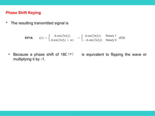 .
Phase Shift Keying
• The resulting transmitted signal is
• Because a phase shift of 180° is equivalent to flipping the wave or
multiplying it by -1.
 