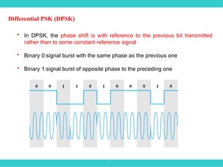 .
Differential PSK (DPSK)
• In DPSK, the phase shift is with reference to the previous bit transmitted
rather than to some constant reference signal
• Binary 0:signal burst with the same phase as the previous one
• Binary 1:signal burst of opposite phase to the preceding one
 