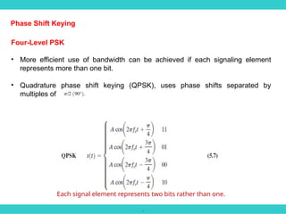 .
Phase Shift Keying
Four-Level PSK
• More efficient use of bandwidth can be achieved if each signaling element
represents more than one bit.
• Quadrature phase shift keying (QPSK), uses phase shifts separated by
multiples of
Each signal element represents two bits rather than one.
 