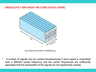 .
(a) Frequency division multiplexing
• A number of signals can be carried simultaneously if each signal is modulated
onto a different carrier frequency and the carrier frequencies are sufficiently
separated that the bandwidths of the signals do not significantly overlap.
FREQUENCY DIVISION MULTIPLEXING (FDM)
 
