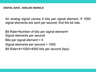 .
An analog signal carries 4 bits per signal element. If 1000
signal elements are sent per second, find the bit rate.
Bit Rate=Number of bits per signal element×
Signal elements per second
Bits per signal element = 4
Signal elements per second = 1000
Bit Rate=4×1000=4000 bits per second (bps)
DIGITAL DATA, ANALOG SIGNALS
 