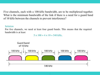 .
Five channels, each with a 100-kHz bandwidth, are to be multiplexed together.
What is the minimum bandwidth of the link if there is a need for a guard band
of 10 kHz between the channels to prevent interference?
Solution
For five channels, we need at least four guard bands. This means that the required
bandwidth is at least
5 × 100 + 4 × 10 = 540 kHz,
 