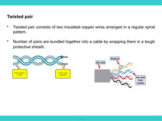 .
Twisted pair
• Twisted pair consists of two insulated copper wires arranged in a regular spiral
pattern.
• Number of pairs are bundled together into a cable by wrapping them in a tough
protective sheath.
 